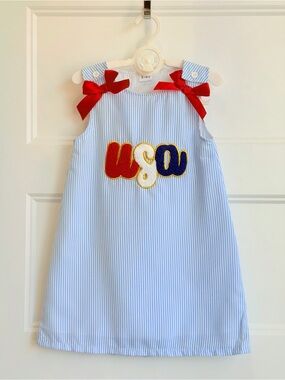 Girls' Light Blue Seersucker Dress with Red Bows and USA Appliqué